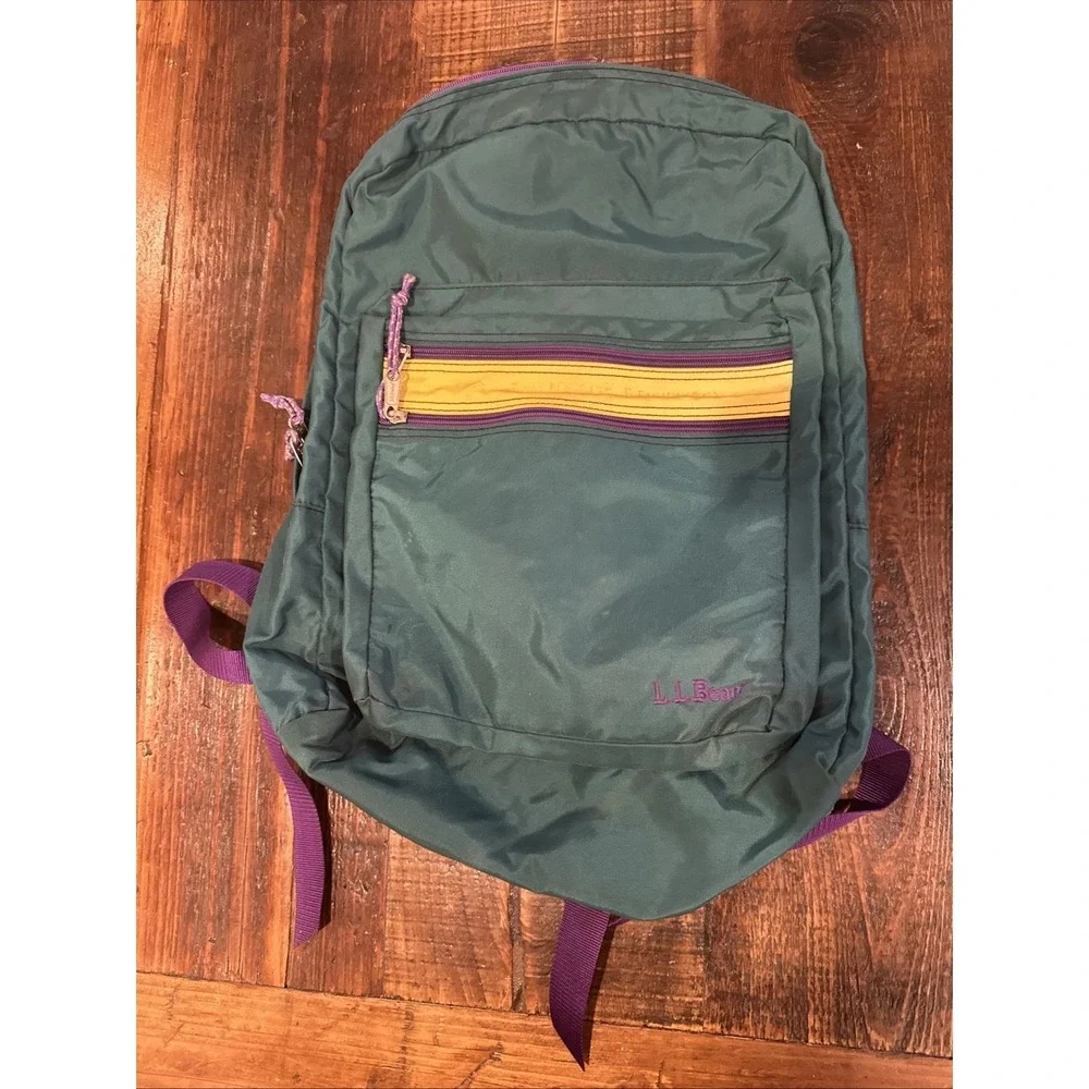 VTG LL Bean Deluxe Book Pack Nylon Backpack Green Purple School Casual Outdoors